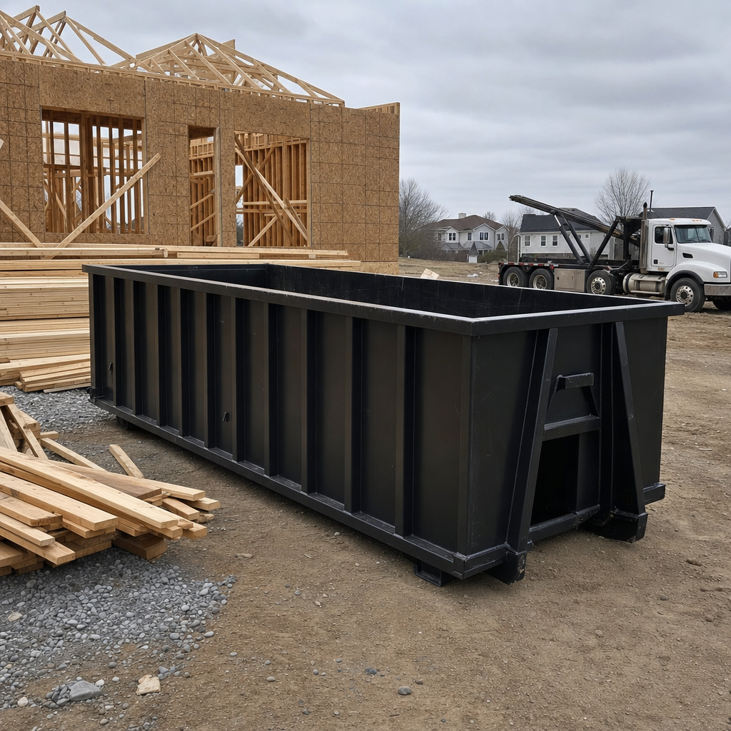 Matte-black 40-yard roll-off dumpster staged on a framed-out residential construction site in Wyoming, framing lumber stacked nearby, hooklift delivery truck visible in the background under bright Colorado daylight