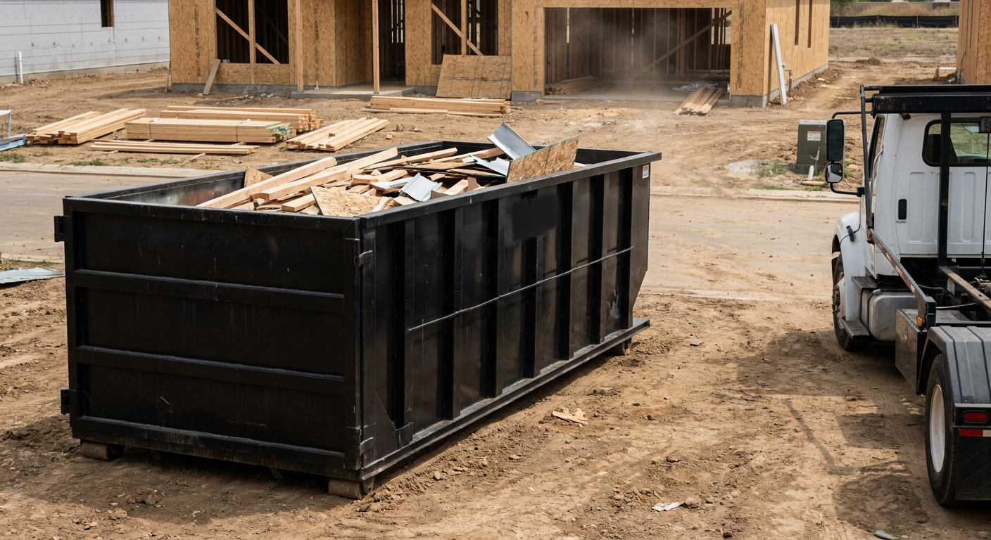 Matte-black 20-yard roll-off construction dumpster with heavy ribbed steel sidewalls and swing rear doors at a working jobsite in Wyoming, sitting directly on compacted dirt with an unmarked white hauler partially visible at the far edge of the frame.