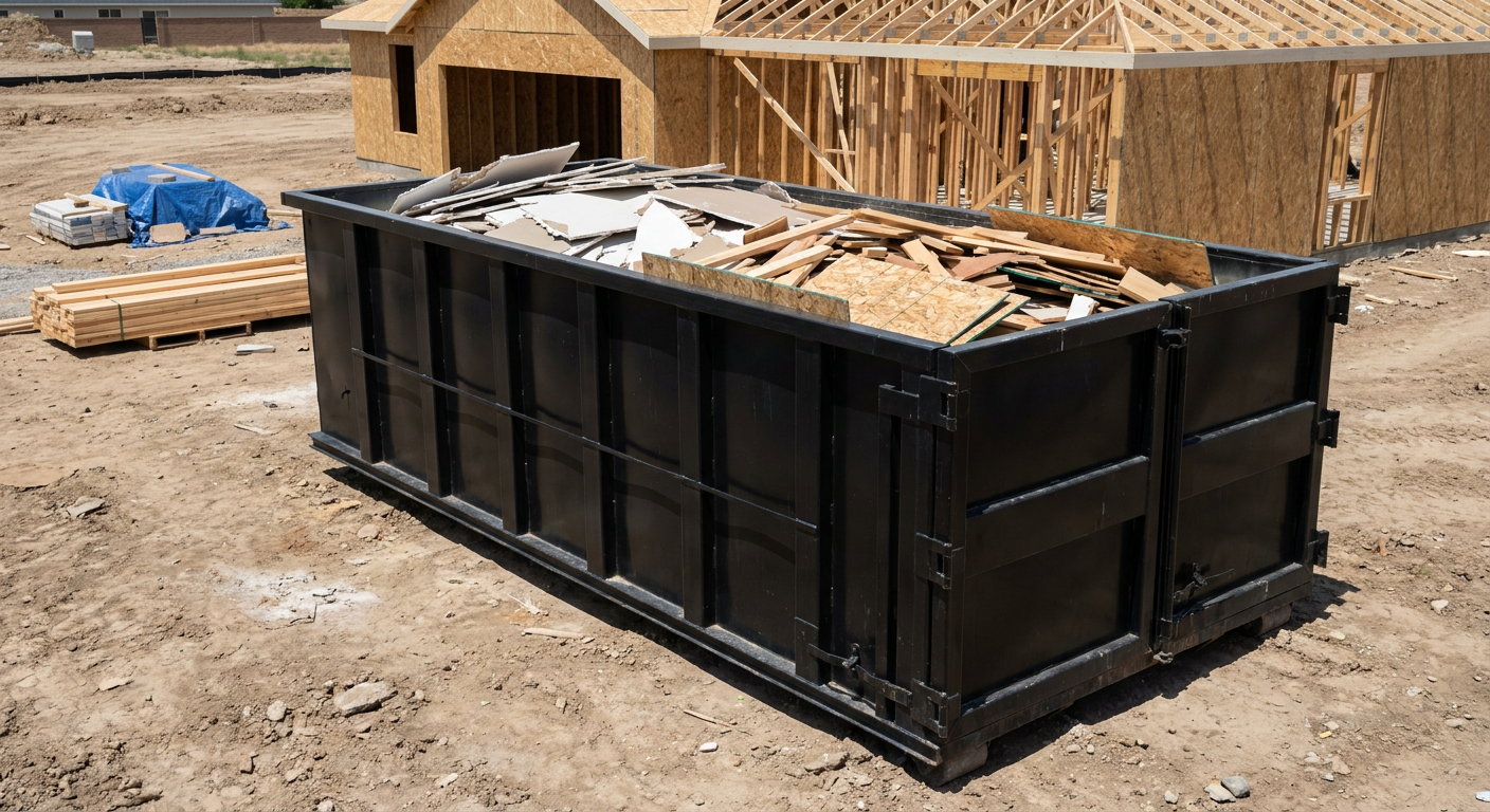 Matte-black 30-yard roll-off construction dumpster sitting directly on the compacted-dirt site of a framed single-family home build in Wyoming, drywall and lumber scrap loaded inside.