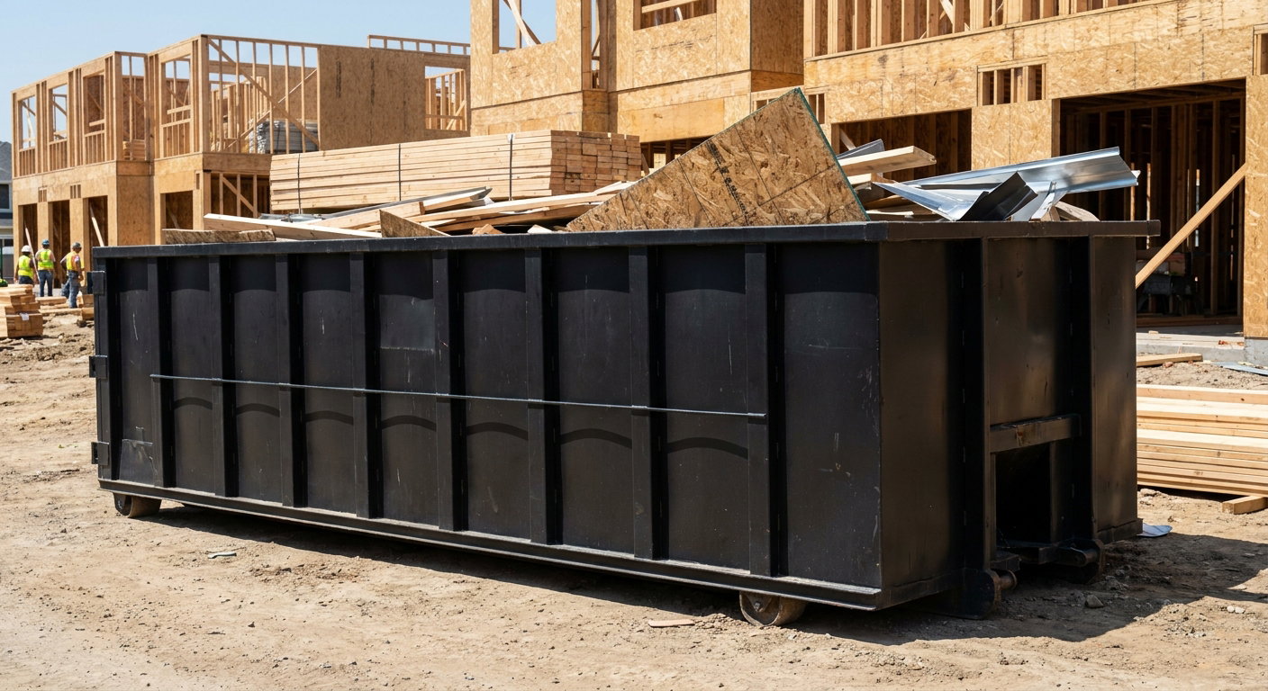 Matte-black 40-yard roll-off construction dumpster being lowered from a white-cab hooklift delivery truck onto the compacted-dirt jobsite at a commercial build site in Wyoming