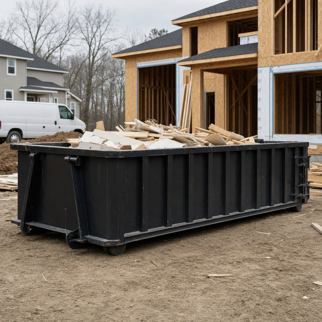Worker in a yellow high-visibility vest tossing framing lumber and broken drywall into a matte-black 30-yard construction roll-off dumpster on an active build site in Wyoming, bright daylight