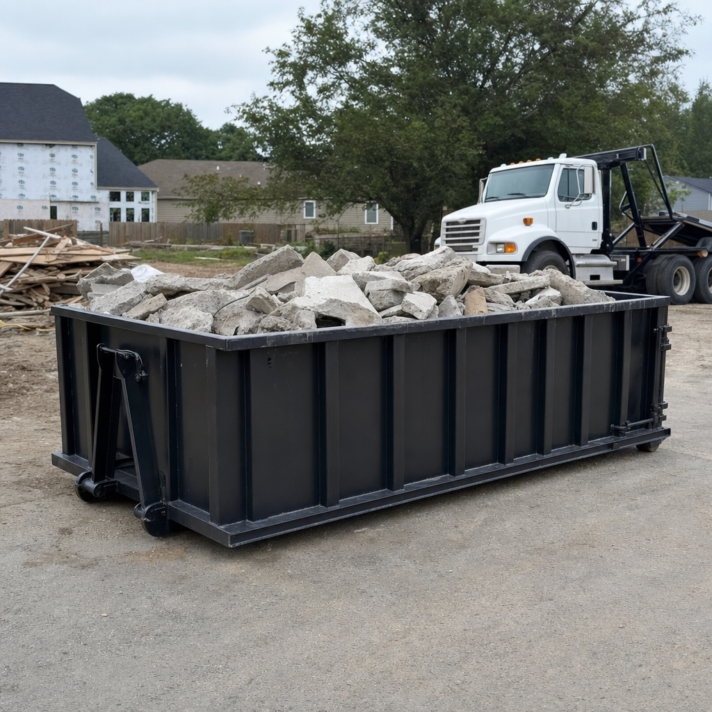 Low-profile matte-black lowboy roll-off dumpster loaded with broken concrete slab and rebar at a foundation tear-out in Wyoming, skid steer parked beside it, sunny Colorado morning