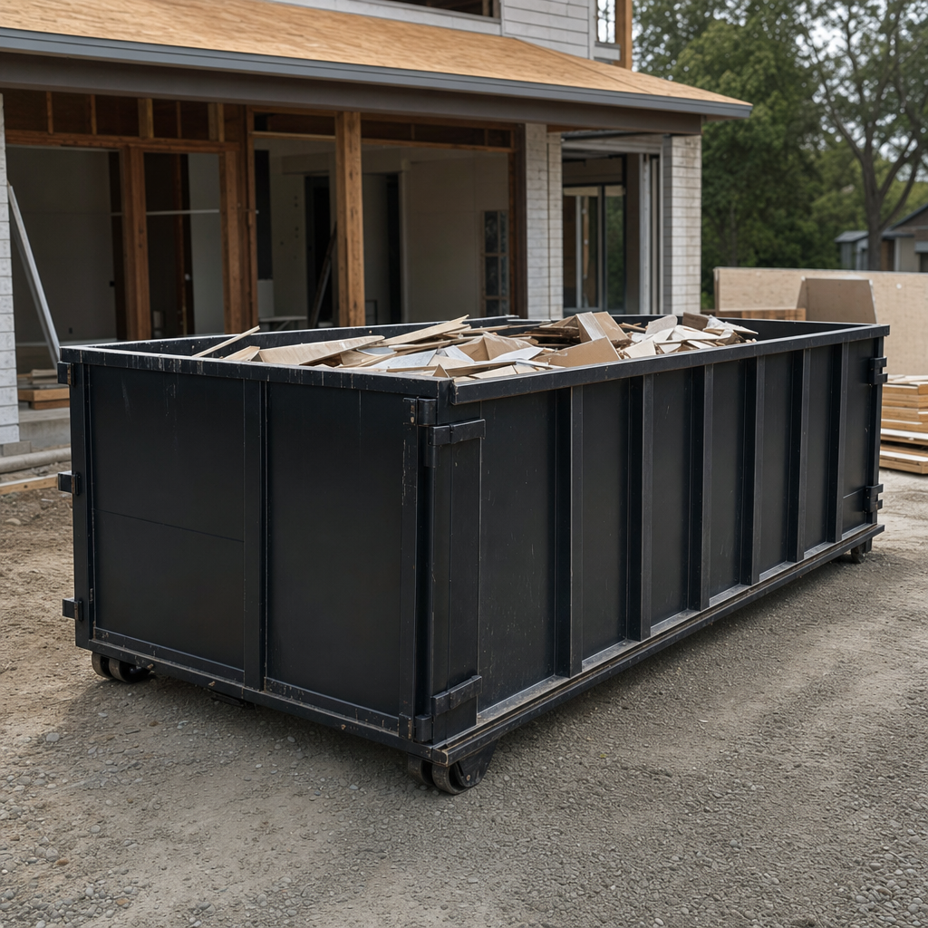 Large matte-black 30-yard construction roll-off dumpster at an active Wyoming jobsite, steel-gray top rails and bottom rollers visible, loaded with construction debris.