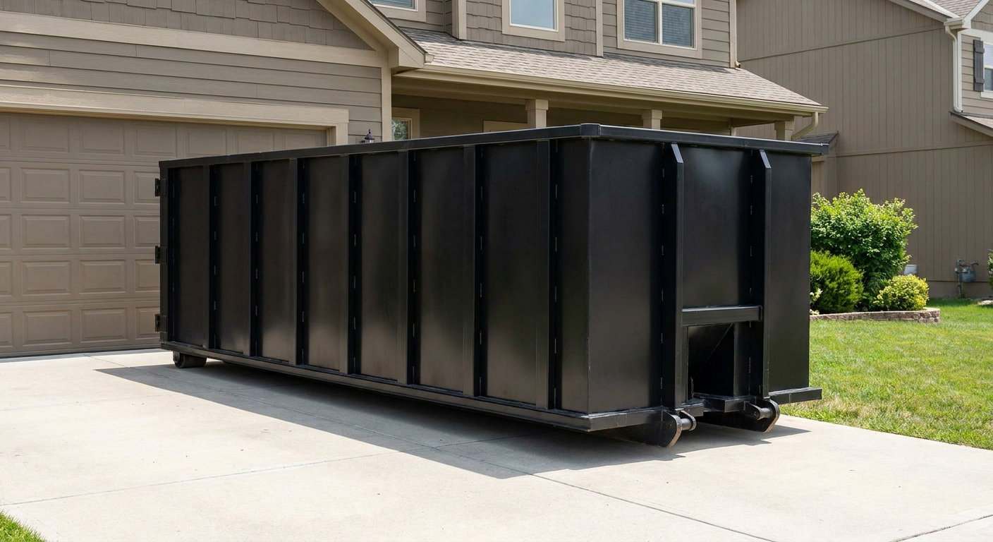 Matte-black residential roll-off dumpster sitting directly on a suburban Wyoming concrete driveway, garage door closed, single-family home in background, bright morning daylight.