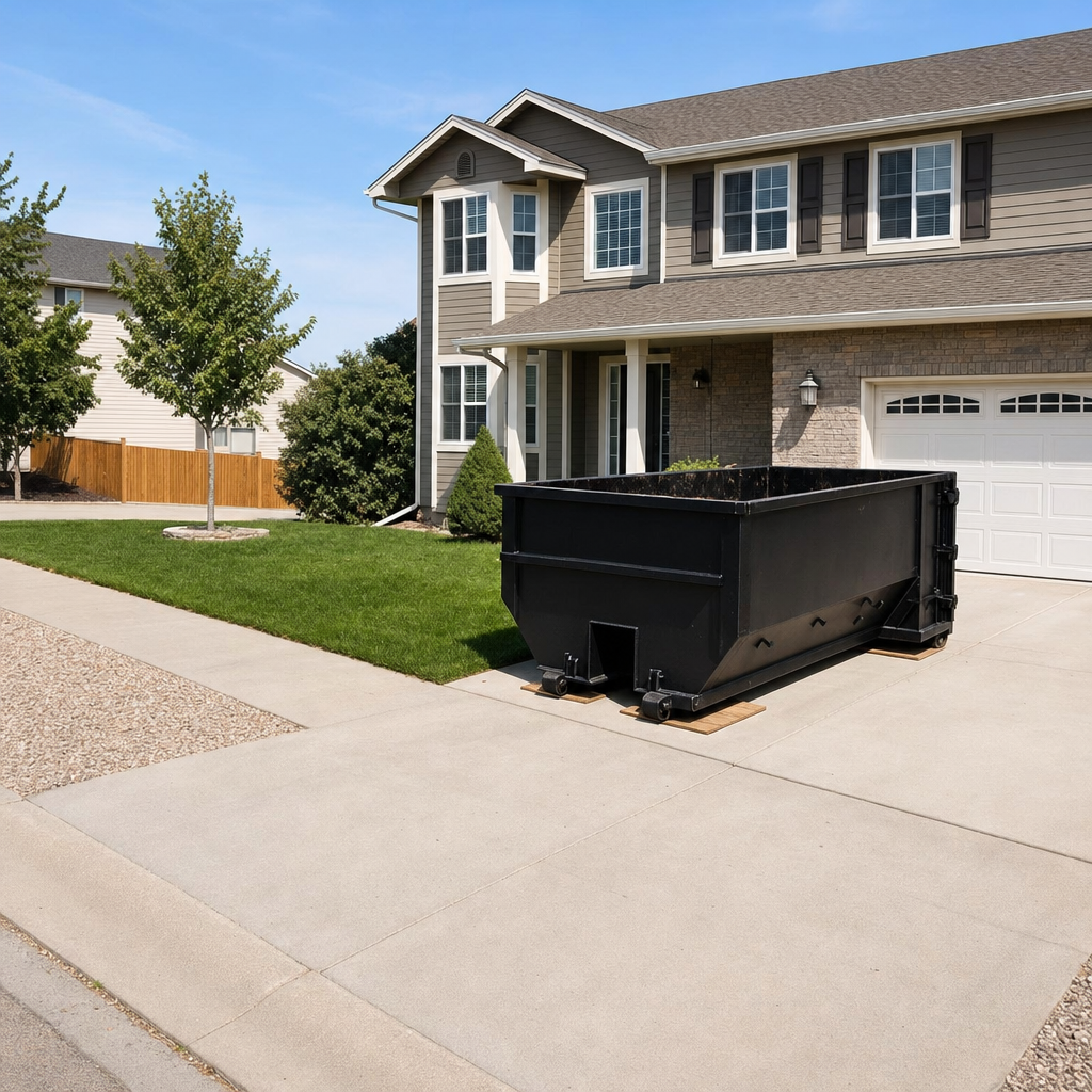 10-yard matte-black residential dumpster placed directly on a narrow Wyoming concrete driveway, room remains for a parked sedan beside it, mid-morning natural light