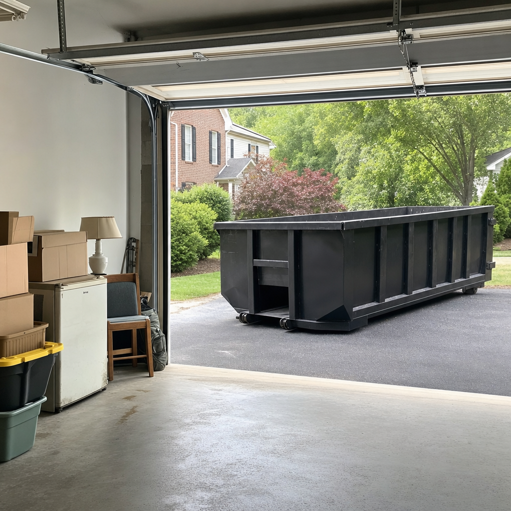 Open garage interior in a Wyoming home mid-cleanout — boxed items, an old appliance, and stacked yard tools queued near the driveway for a matte-black roll-off dumpster, organized and calm