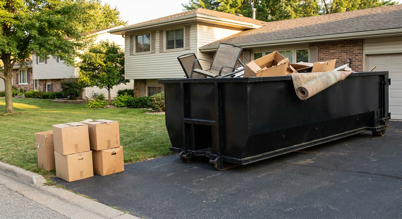 Front-yard view of a Wyoming split-level home with a 20-yard matte-black roll-off dumpster sitting directly on the asphalt driveway, a few clearly labeled donation boxes staged at the curb, calm sunny afternoon.