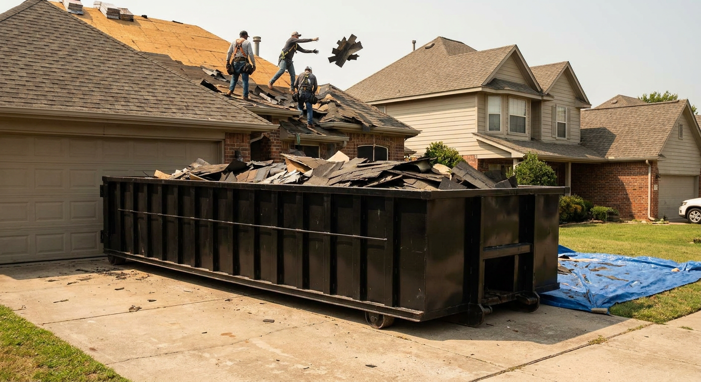 Matte-black roofing roll-off dumpster placed directly on a Wyoming residential concrete driveway, a tear-off crew on a two-story asphalt-shingle roof tossing shingle bundles into the low-walled container, bright daylight, documentary 35mm perspective.