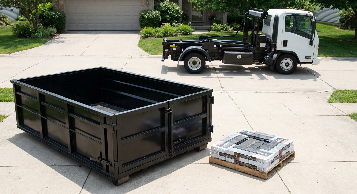 Matte-black 15-yard roofing roll-off dumpster with reinforced low side walls sitting directly on a Wyoming residential concrete driveway, three-tab asphalt shingle bundles stacked nearby, an unmarked white hauler truck partially visible at the edge of the frame.