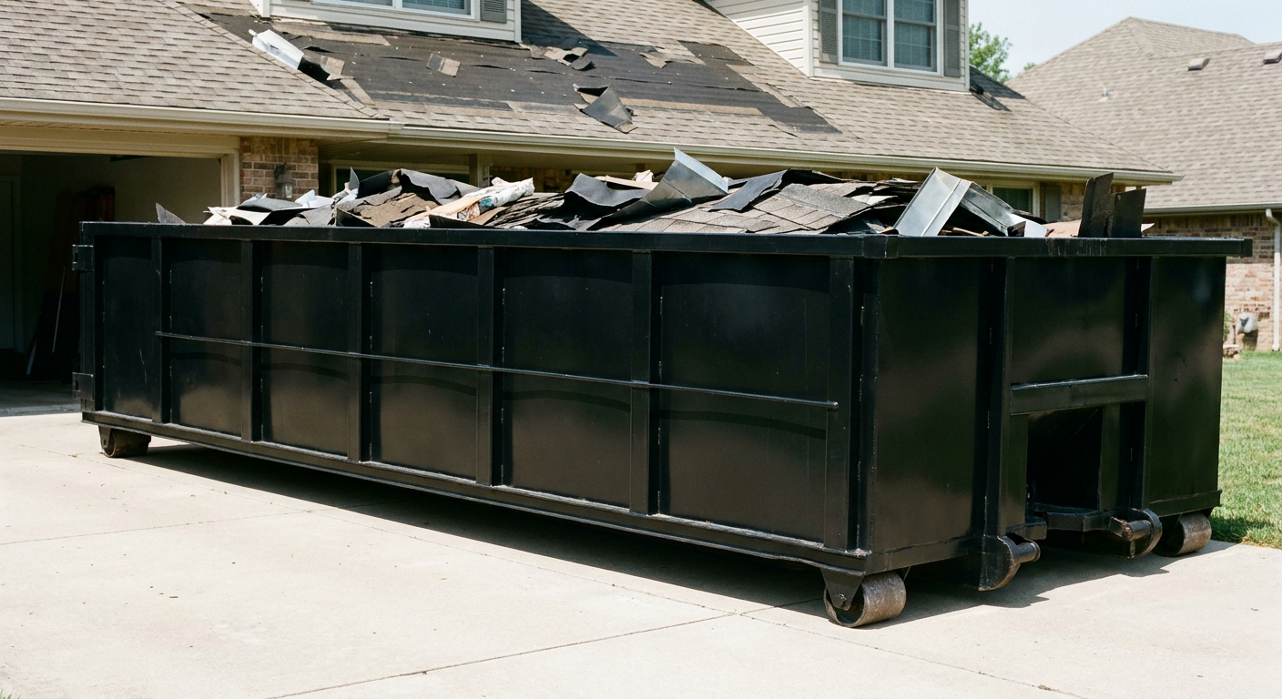 Matte-black 20-yard roofing roll-off dumpster with steel ribbed sides and swinging rear door, sitting directly on the concrete driveway of a two-story Wyoming home, asphalt shingle debris being loaded over the low wall, clean documentary lighting.