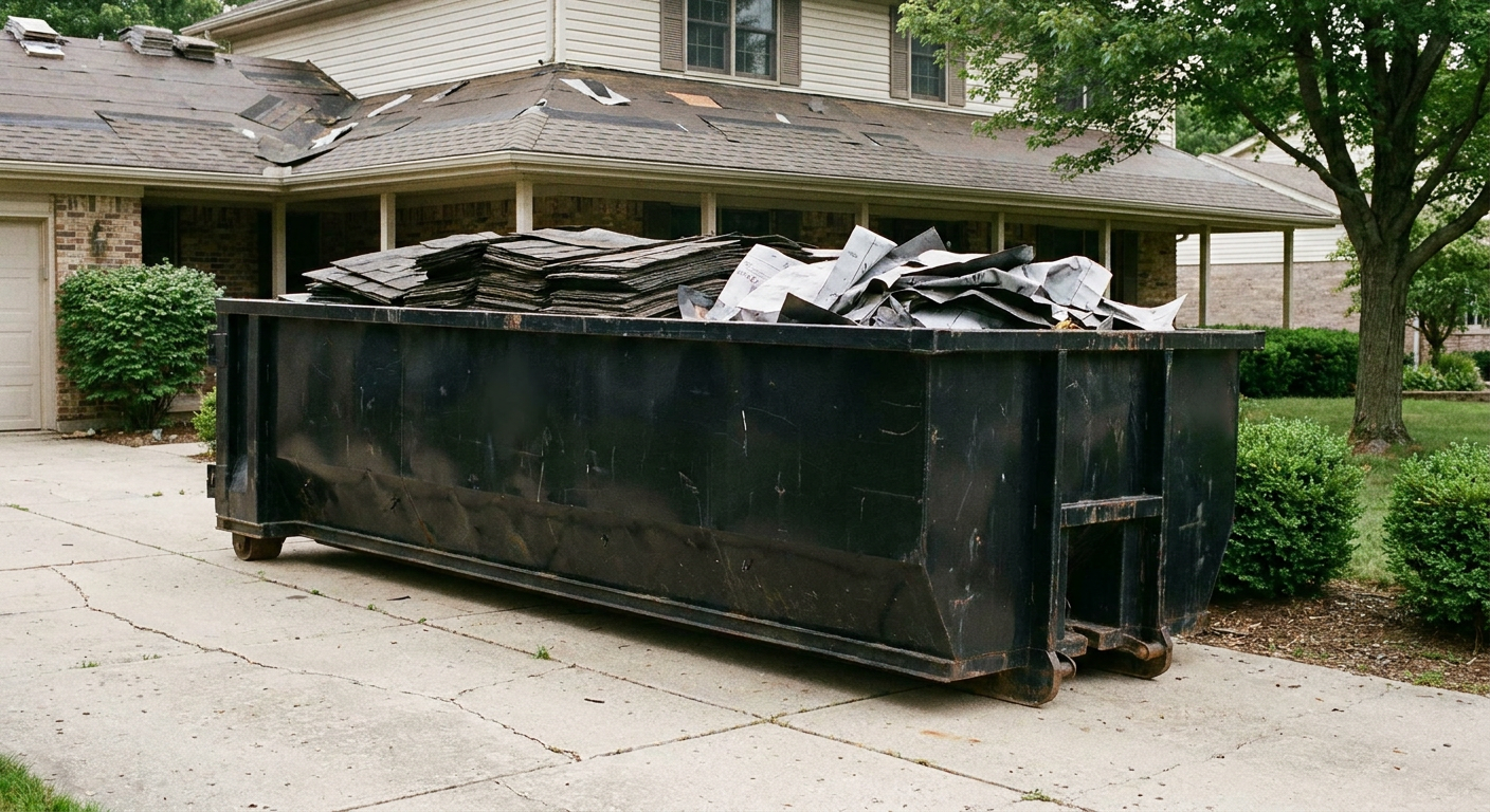 Matte-black 30-yard roofing roll-off dumpster sitting directly on a Wyoming concrete driveway, taller ribbed steel side panels, mixed tear-off debris of asphalt shingles and underlayment inside, professional documentary daylight.