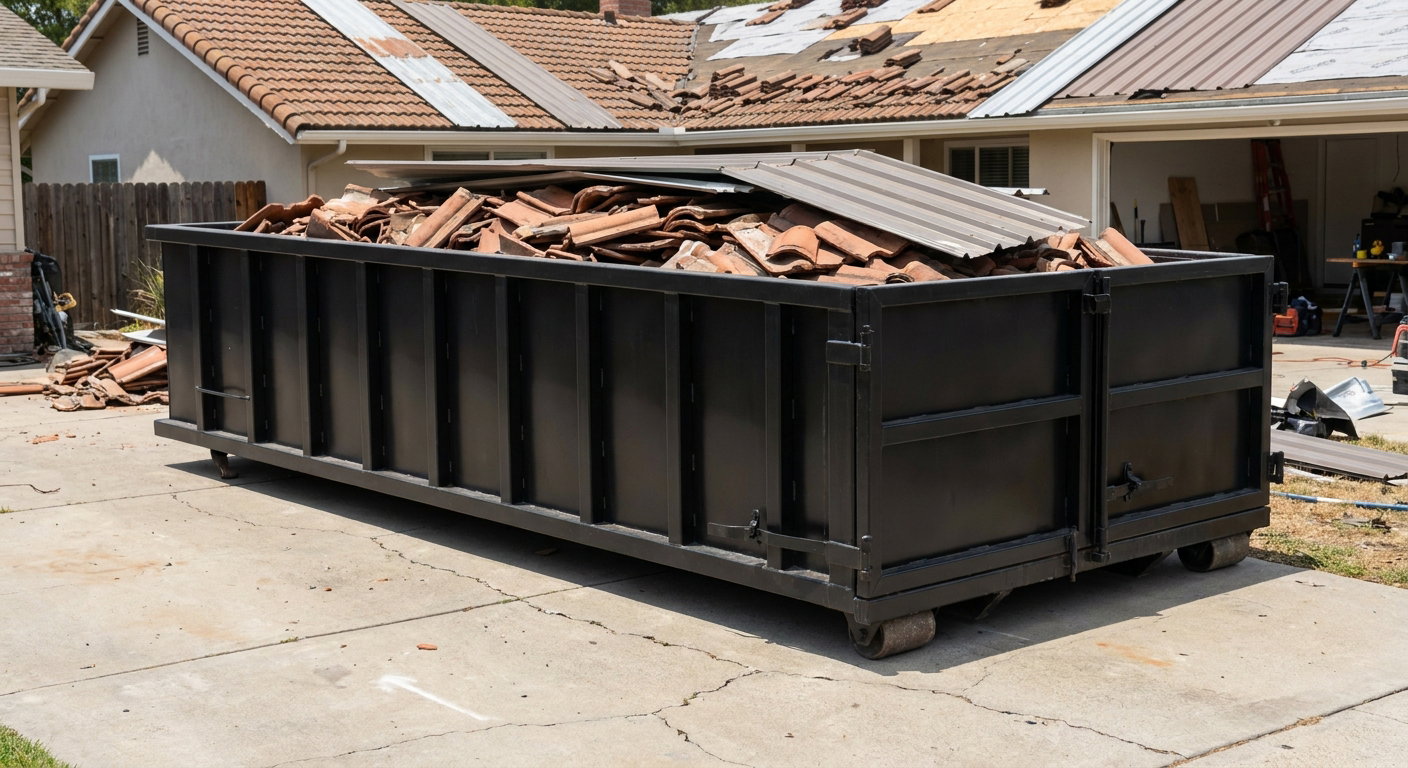 Matte-black low-wall heavy-debris roofing roll-off dumpster sitting directly on a Wyoming concrete driveway, broken concrete clay roof tiles and metal panel sections loaded inside, reinforced ribbed steel side walls visible, bright outdoor daylight.