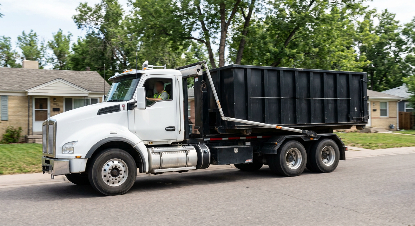 A wide documentary shot of a matte-black roll-off delivery truck pulling onto a quiet Wyoming residential street at mid-morning, with neighborhood rooftops and tree-lined blocks visible behind, showing the metro coverage footprint.
