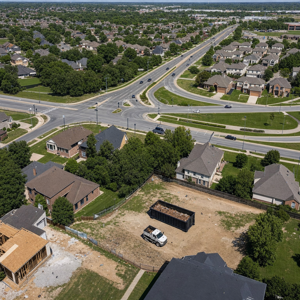An overhead documentary view of the Wyoming metro area at midday, showing the spread of neighborhoods, arterial roads, and the dispatch radius from a central yard — clean daylight, organized geographic layout.
