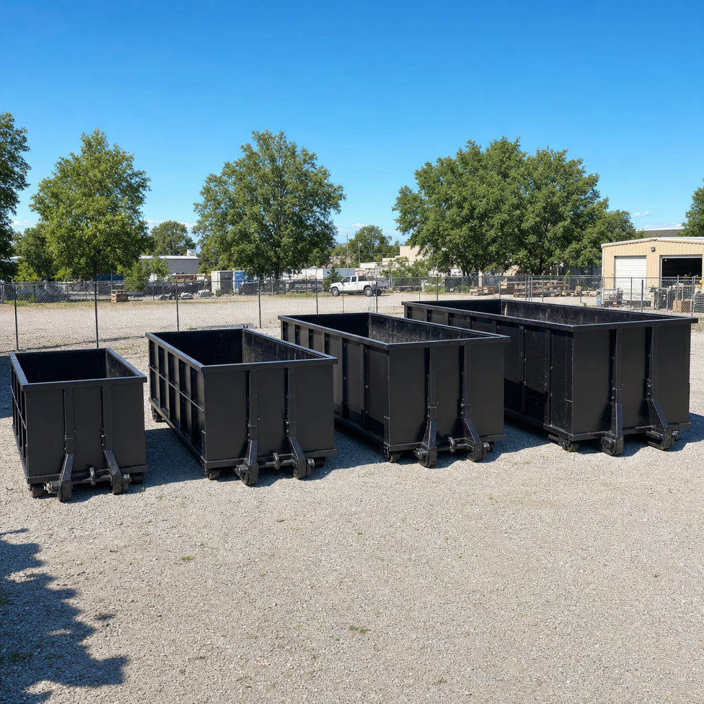 A clean lineup of matte-black roll-off dumpsters in 10, 20, 30, and 40-yard sizes staged on a sunlit gravel yard in Wyoming, showing the size progression from compact to commercial-scale containers.