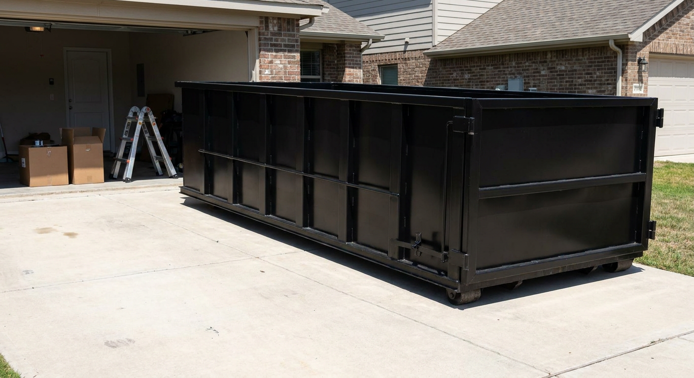 A matte-black 10-yard roll-off dumpster sitting directly on a residential Wyoming concrete driveway, mid-day sunlight, clean and ready for a garage cleanout.