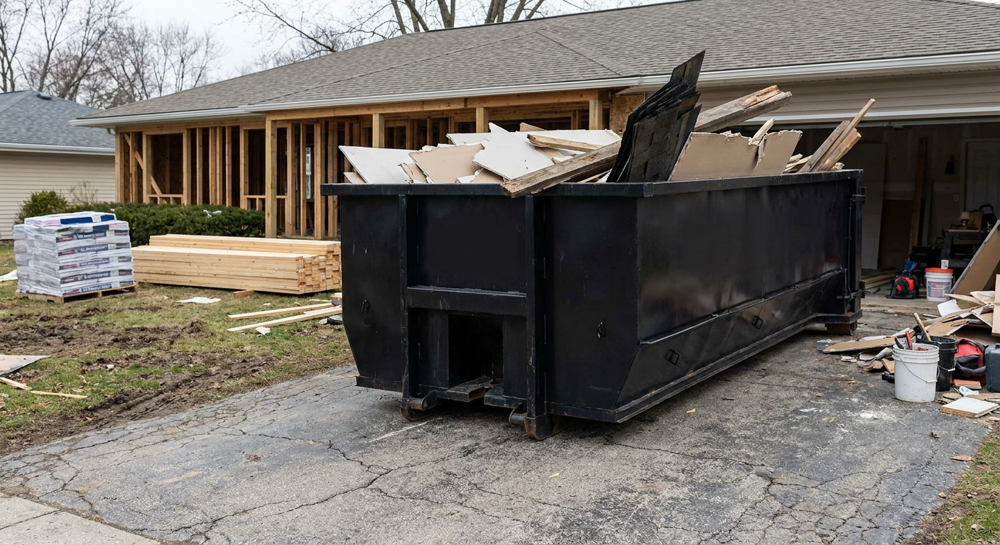 A matte-black 20-yard roll-off dumpster placed alongside a mid-renovation Wyoming home directly on the asphalt driveway, with framing materials and torn-off shingles staged neatly nearby.