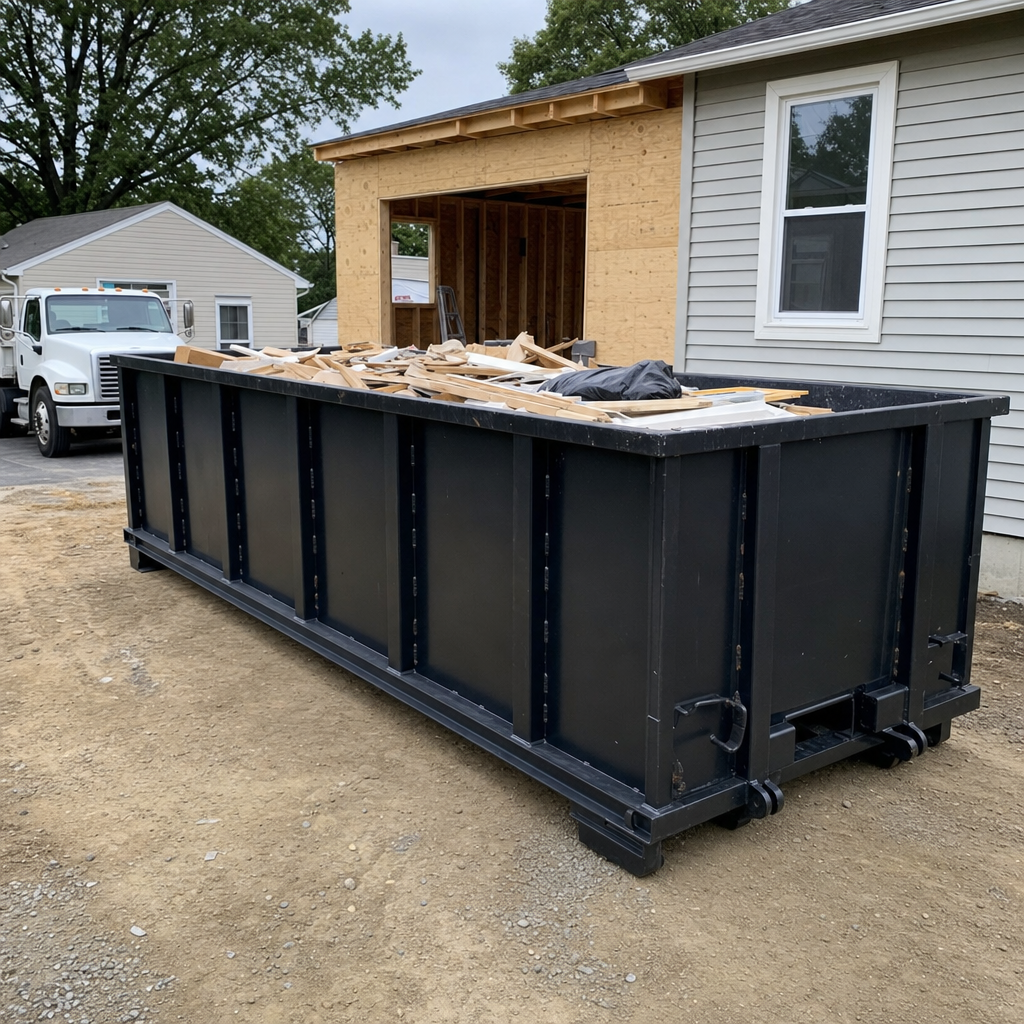 A matte-black 30-yard roll-off dumpster positioned at a Wyoming residential addition jobsite, with framing lumber and drywall scraps loaded through the open swinging rear doors.