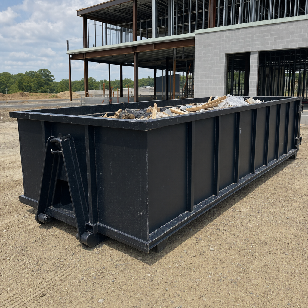 A matte-black 40-yard roll-off dumpster staged on a large Wyoming commercial construction lot, with a hooklift delivery truck parked alongside under bright midday sky.