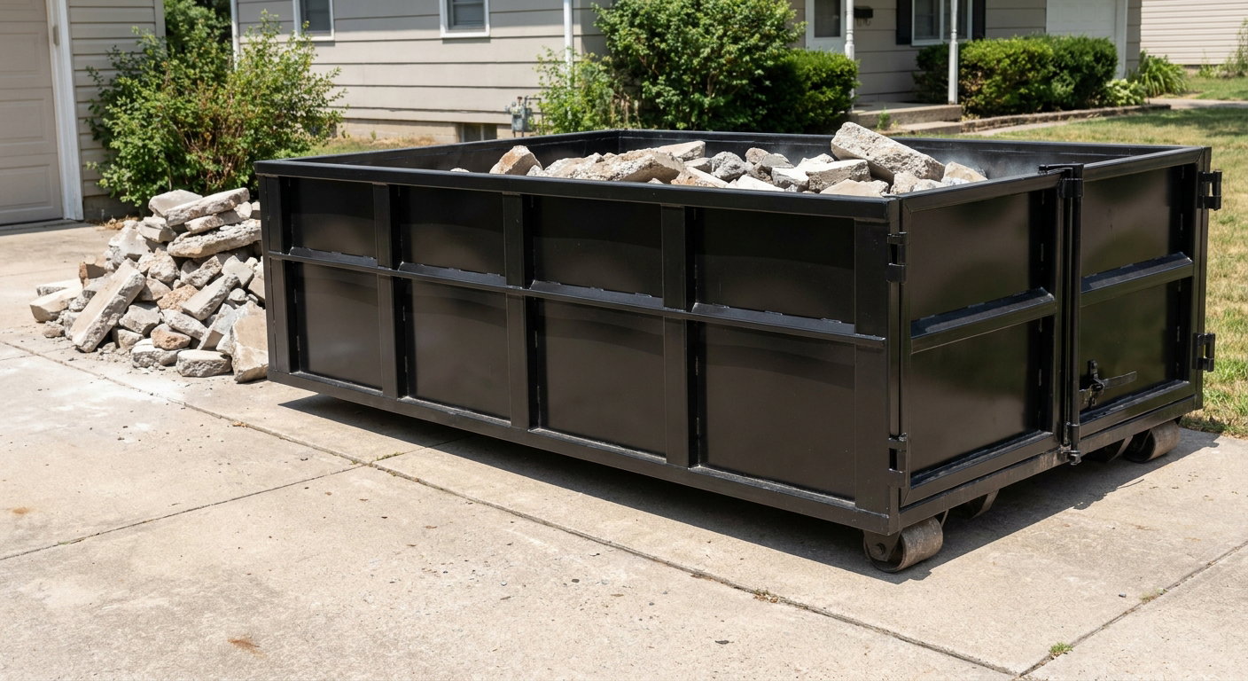 A matte-black low-side heavy-debris roll-off dumpster placed directly on a Wyoming concrete driveway, with broken concrete chunks neatly stacked beside it under clean daylight.